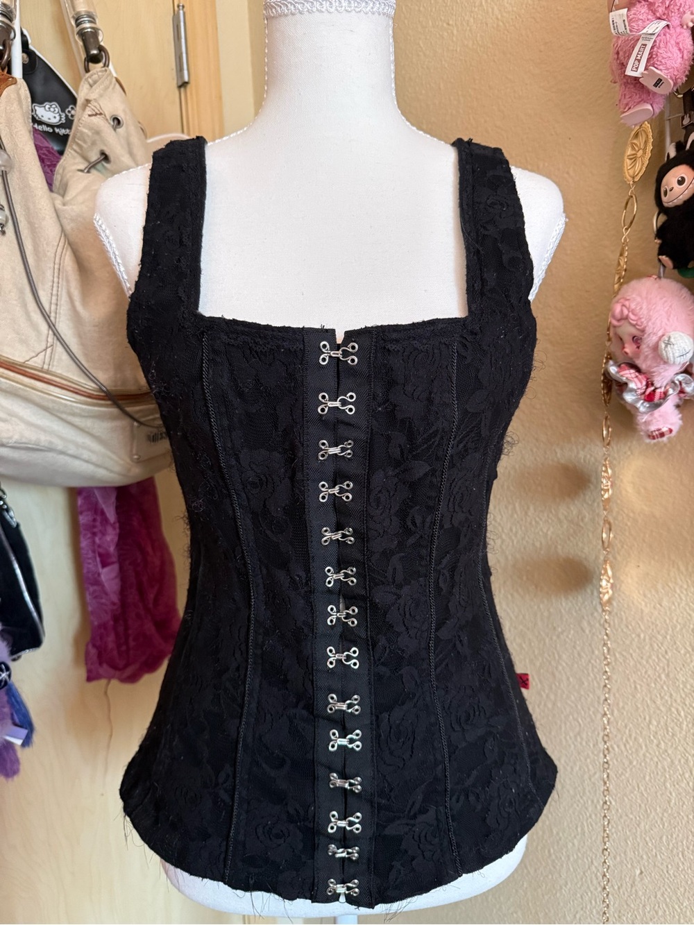 Royal Bones Black Lace Corset-Style Tank Top with Hook Closures